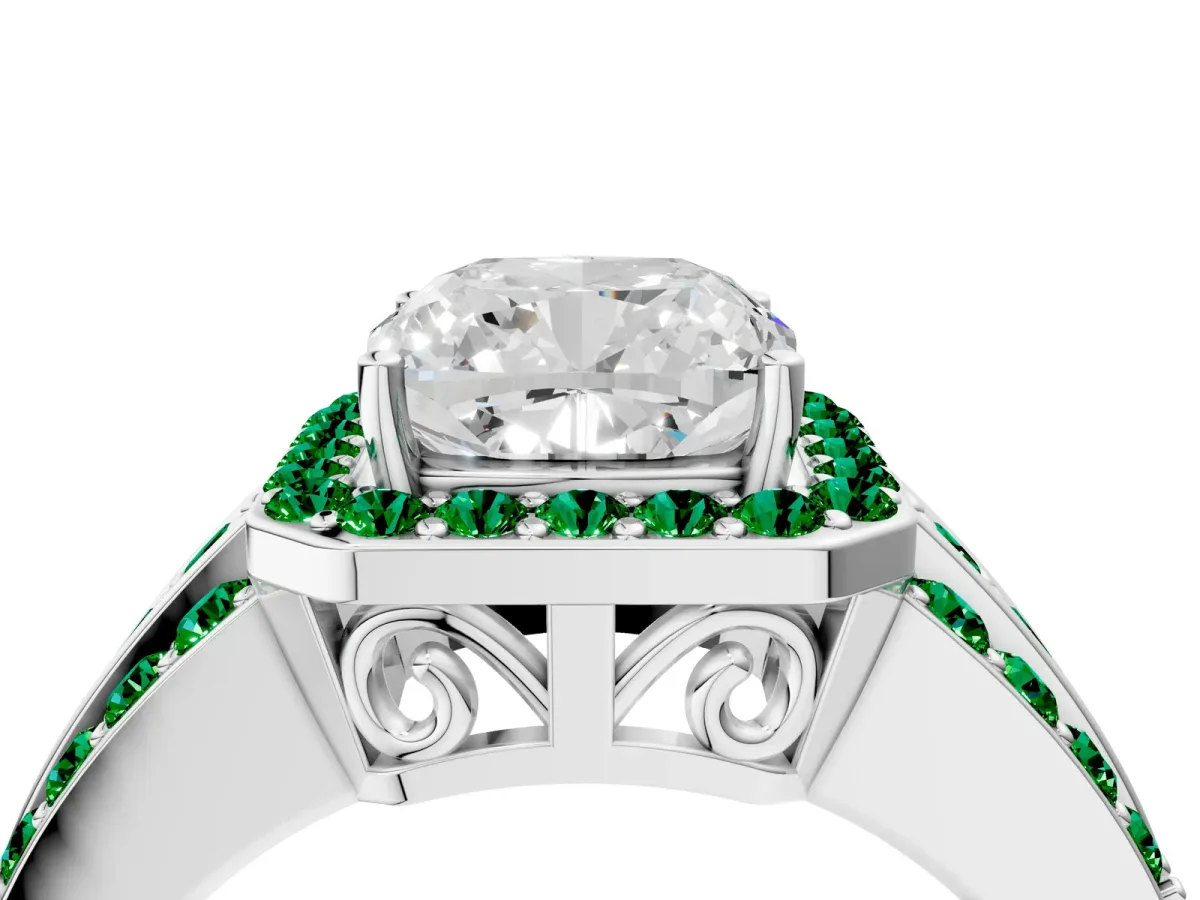 Cushion Cut Halo Diamond Ring with Round Emerald Split Shank and Prong Setting Silver