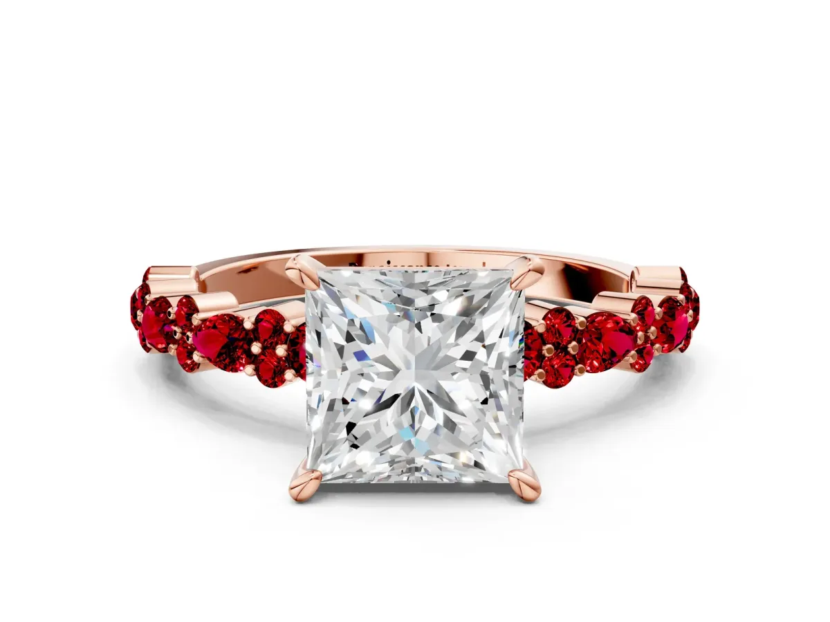 Princess Cut Diamond Side Stone Solitaire Ring with Round Ruby and Four-Prong Setting Rose gold