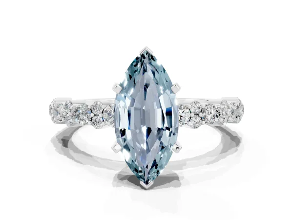 Marquise Cut Aquamarine Side Stone Solitaire Ring with Round and Four-Prong Setting White gold