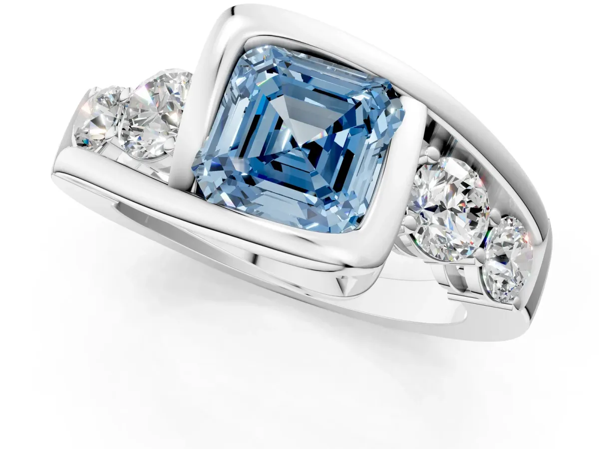Fancy Blue Bezel Set Asscher Cut Diamond Bypass Ring with Round Accents Platinum