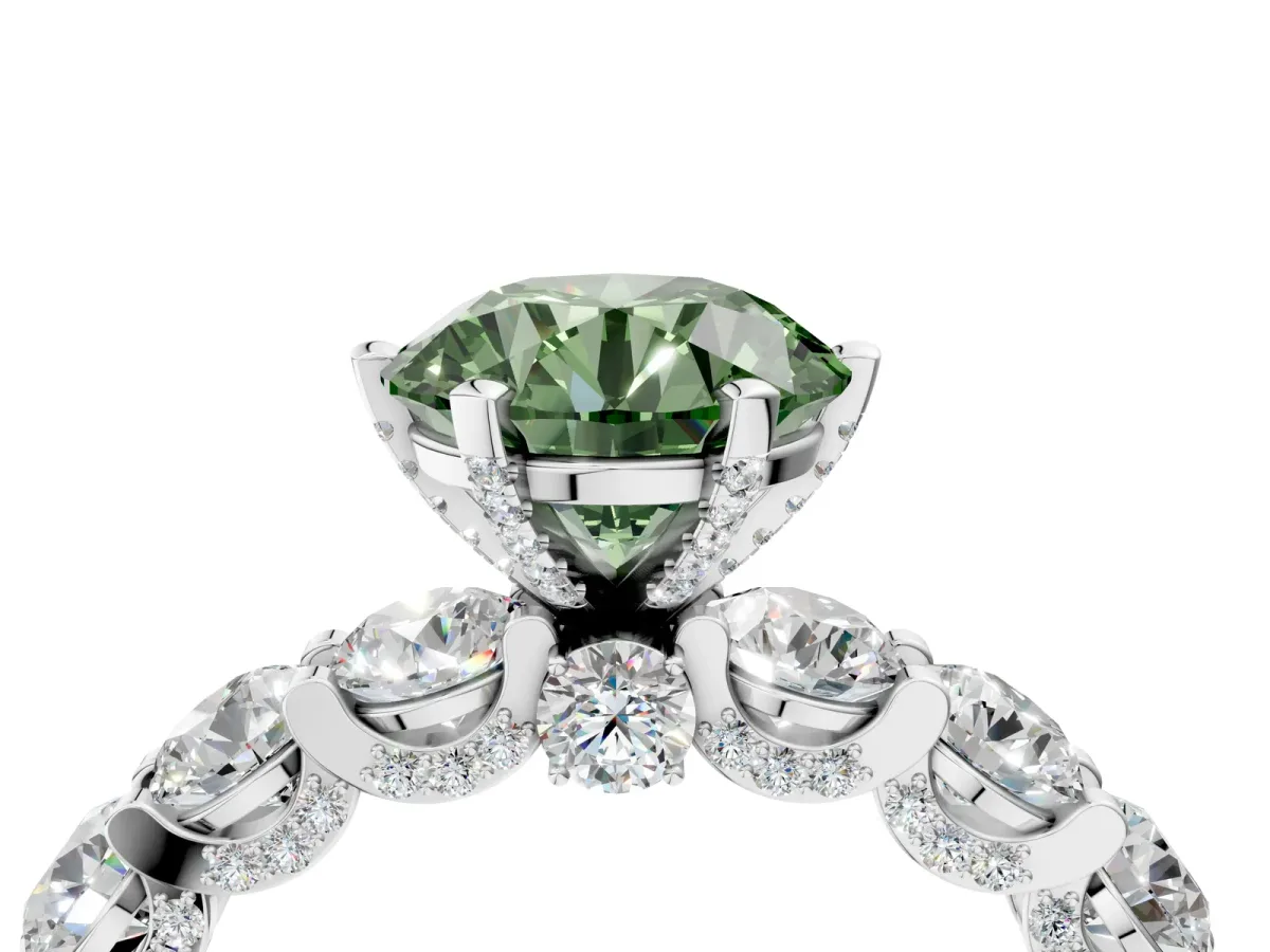 Fancy Green Round Cut Diamond Side Stone Engagement Ring with Four-Prong Setting White gold