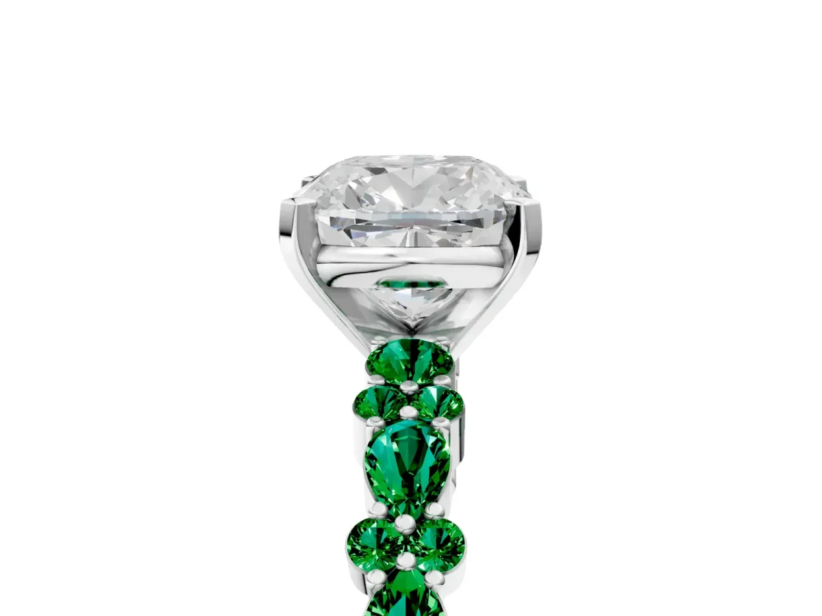 Cushion Cut Diamond Side Stone Solitaire Ring with Round Emerald and Four-Prong Setting Platinum