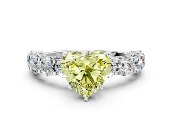 Fancy Yellow Heart Cut Diamond Side Stone Engagement Ring with Four-Prong Setting Platinum