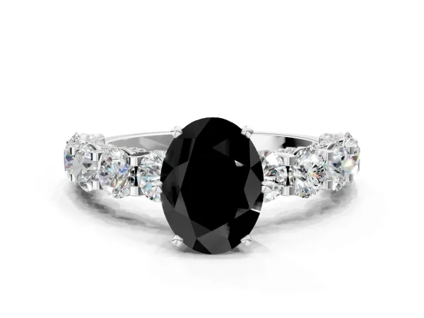 Fancy Black Oval Cut Diamond Side Stone Engagement Ring with Four-Prong Setting White gold