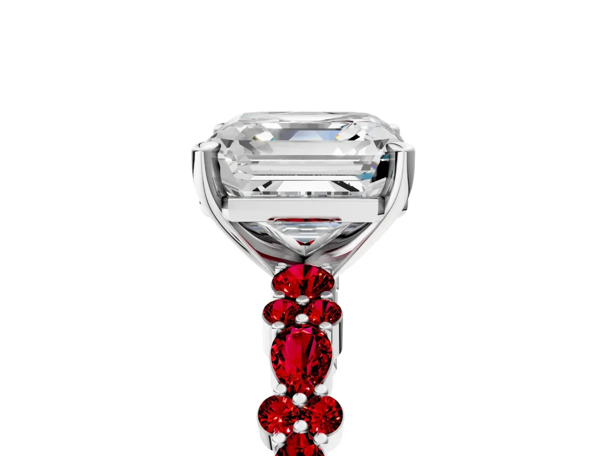 Asscher Cut Diamond Side Stone Solitaire Ring with Round Ruby and Four-Prong Setting Platinum