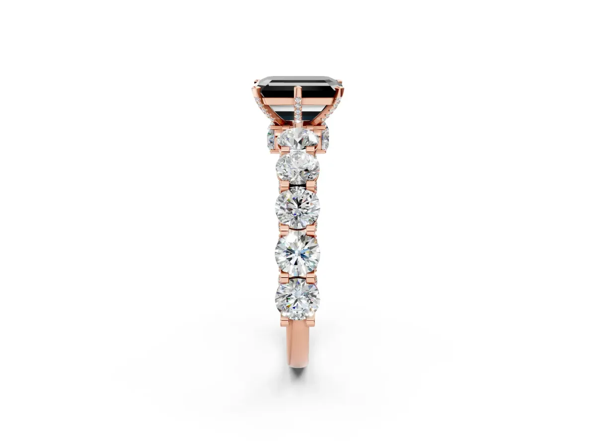 Fancy Black Emerald Cut Diamond Side Stone Engagement Ring with Four-Prong Setting Rose gold