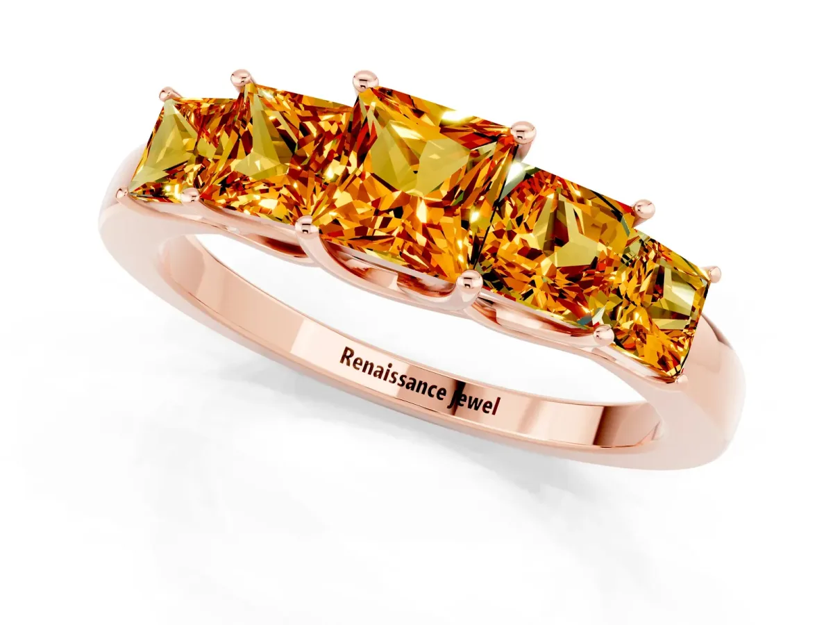 Princess Cut Five-Stone Citrine Ring with Classic Prong Setting Rose gold