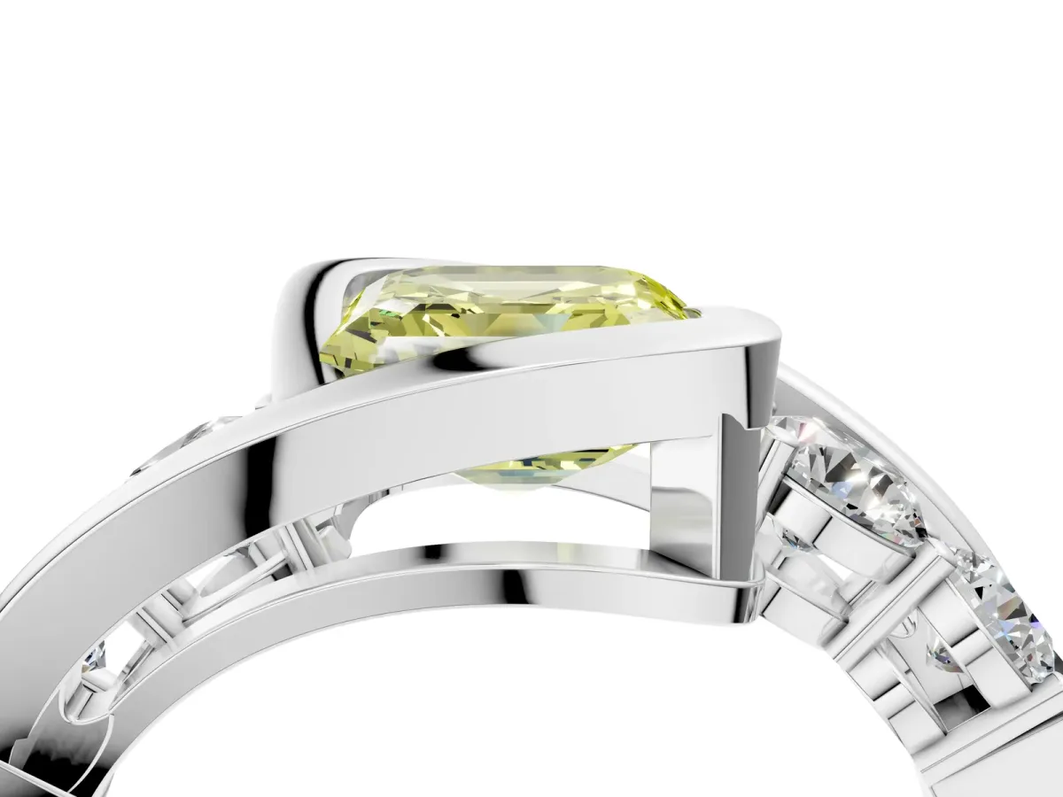 Fancy Yellow Bezel Set Asscher Cut Diamond Bypass Ring with Round Accents Platinum