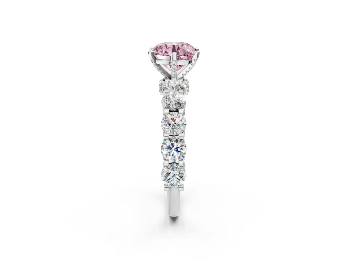 Fancy Pink Round Cut Diamond Side Stone Engagement Ring with Four-Prong Setting White gold