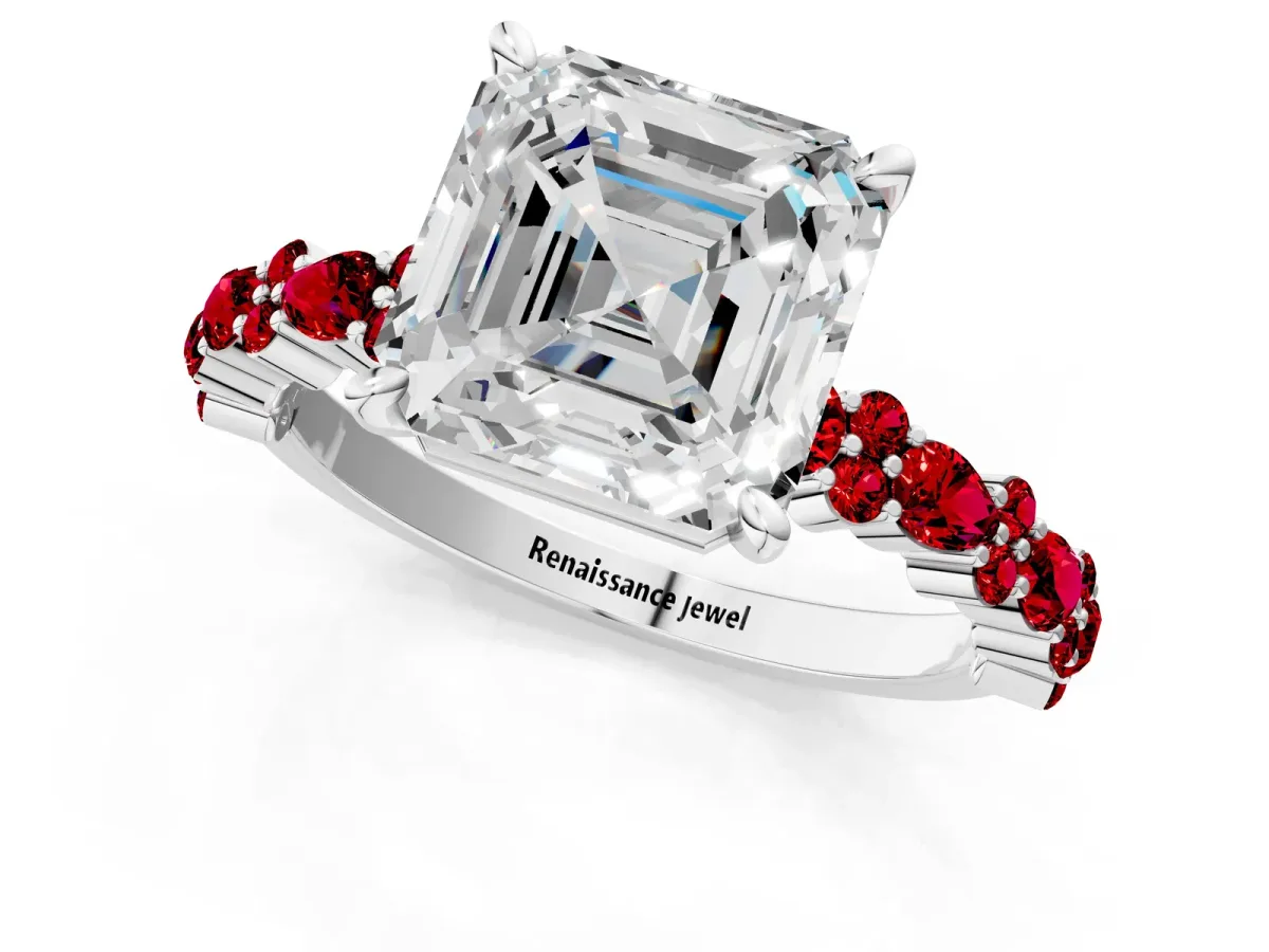 Asscher Cut Diamond Side Stone Solitaire Ring with Round Ruby and Four-Prong Setting Platinum