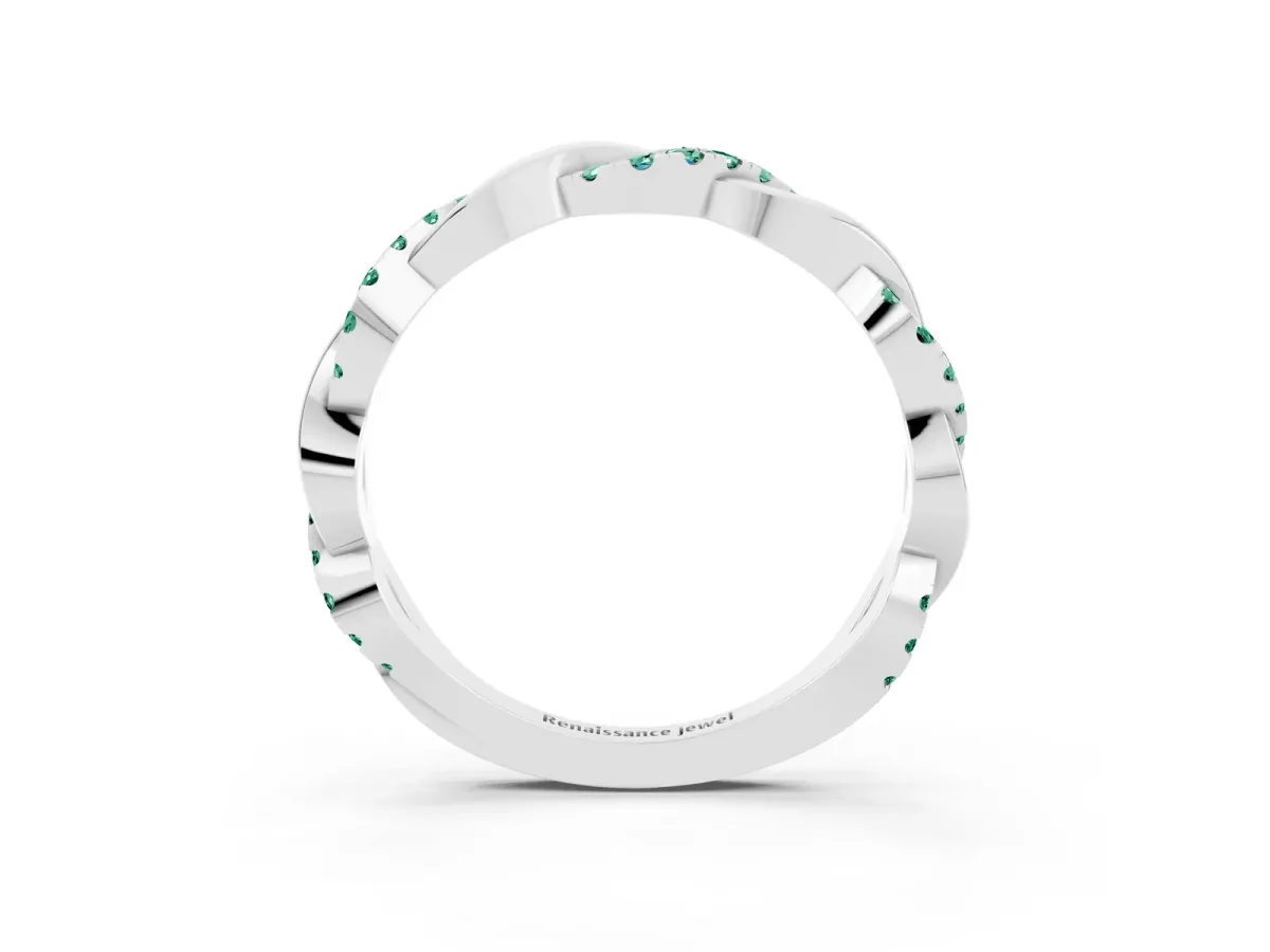 Round Green Sapphire Twist Eternity Band with Pavé Setting Silver