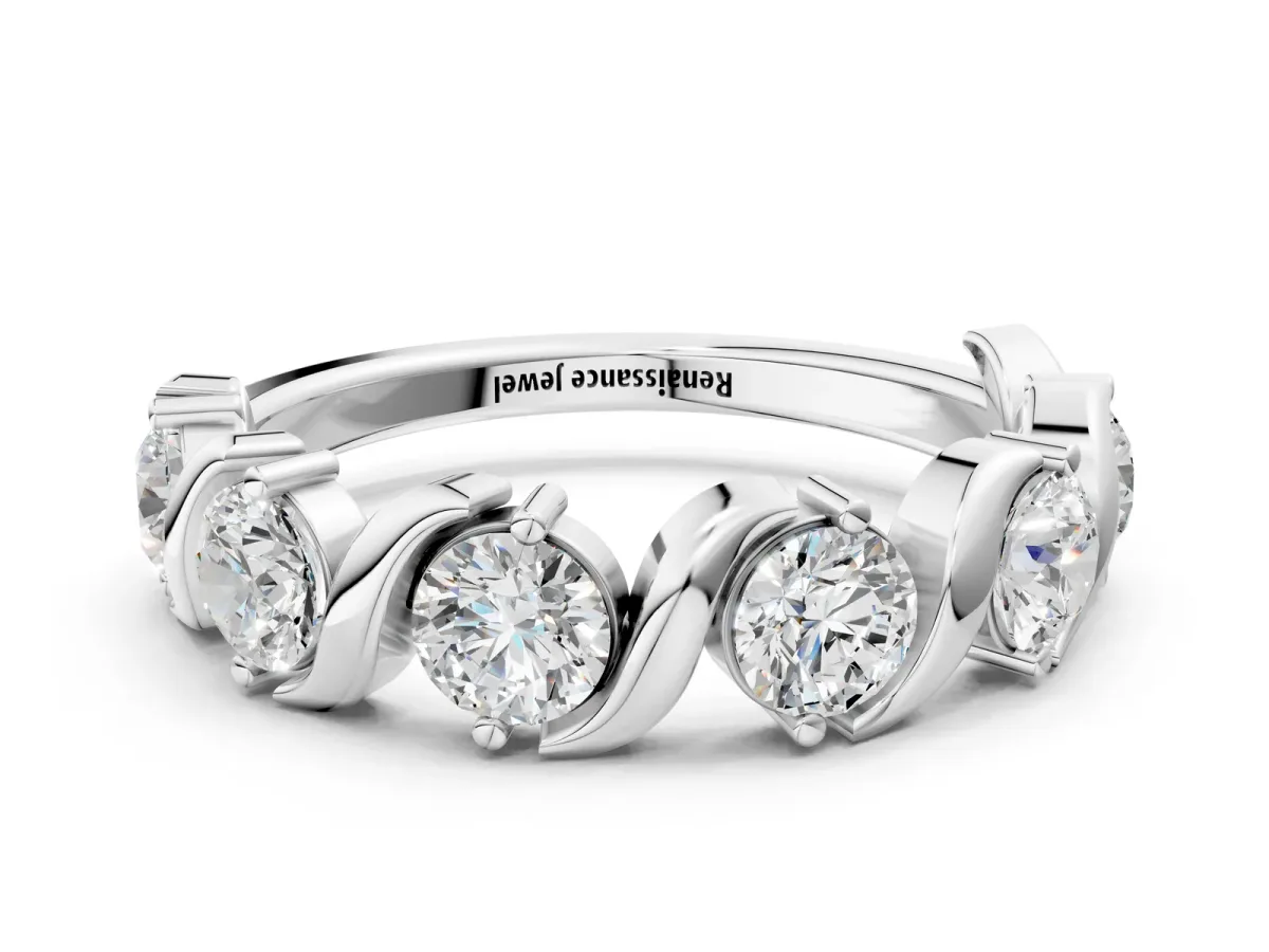 Six-Stone Round Diamond Wave Band with Shared Prong Setting Silver