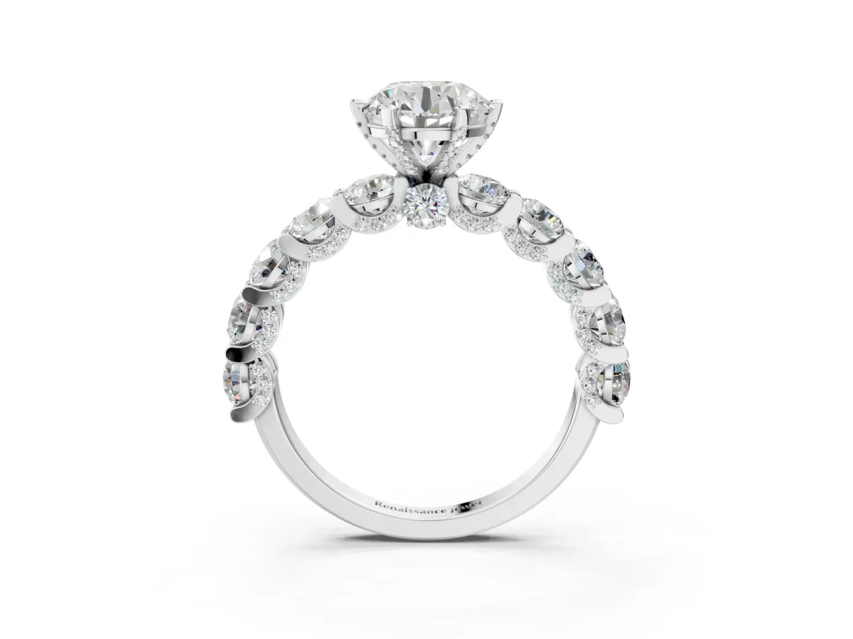 Round Cut Diamond Side Stone Engagement Ring with Four-Prong Setting White gold