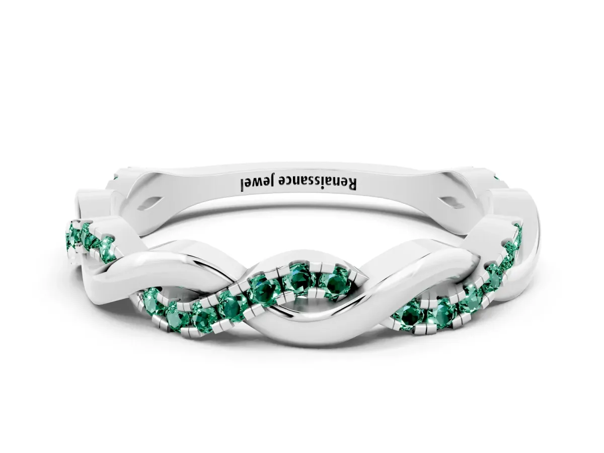 Round Green Sapphire Twist Eternity Band with Pavé Setting Silver