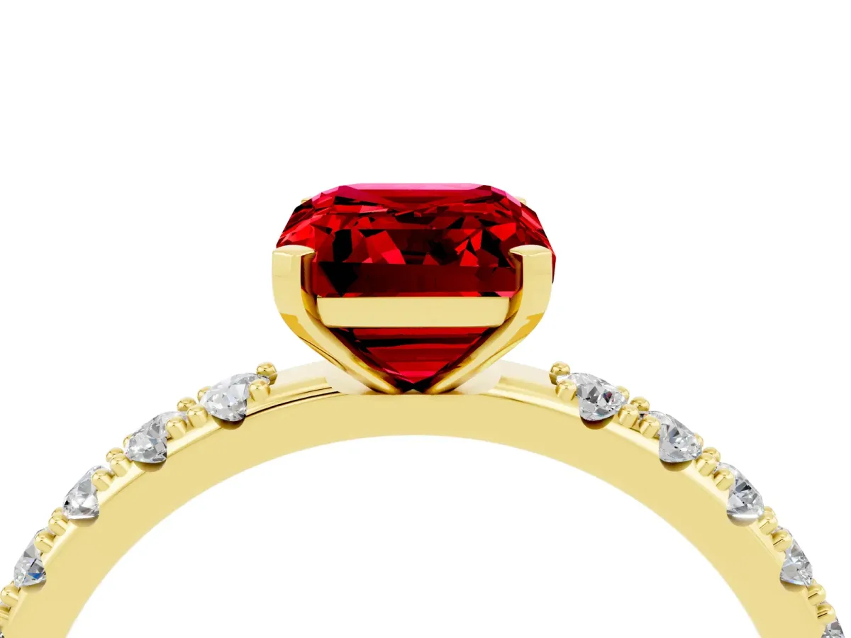 Emerald Cut Ruby Solitaire Pavé Band with Four-Prong Setting Yellow gold