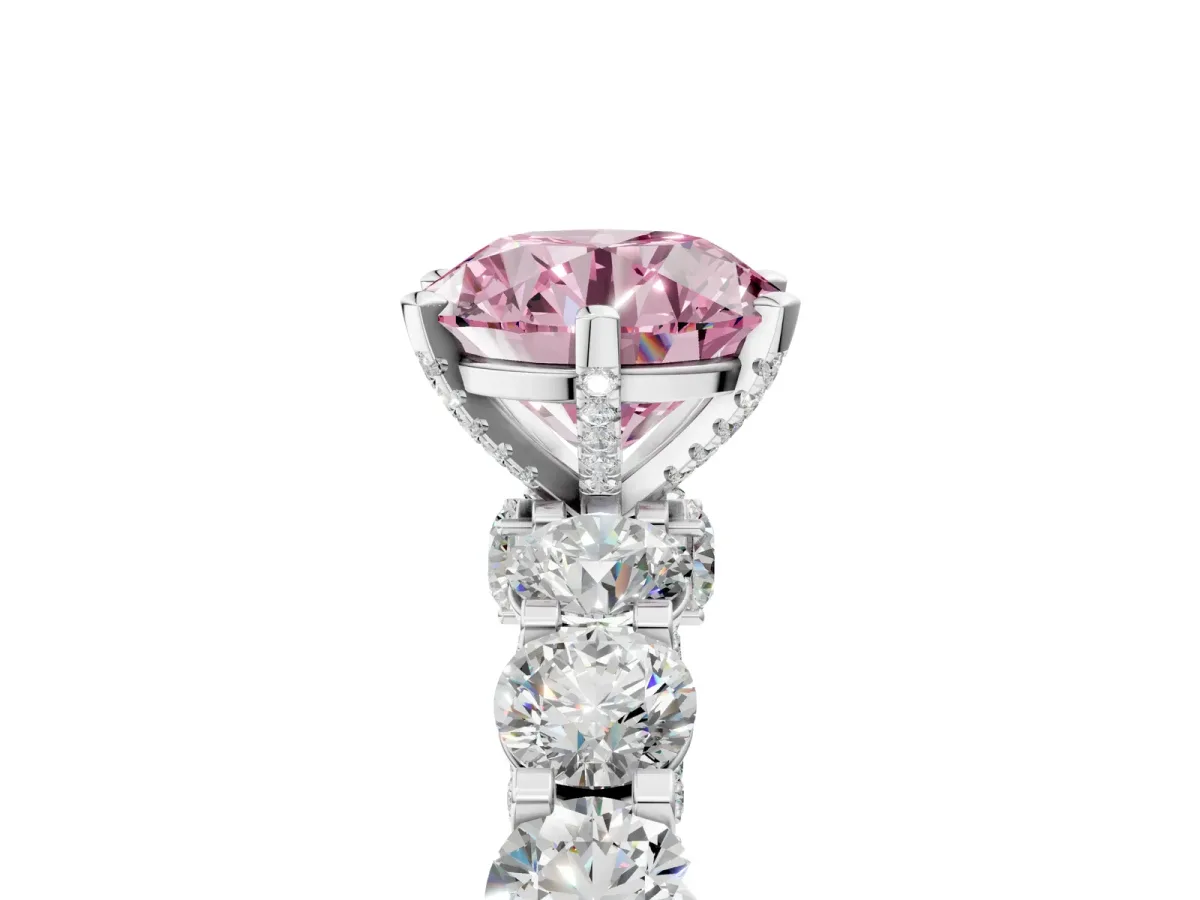 Fancy Pink Round Cut Diamond Side Stone Engagement Ring with Four-Prong Setting White gold