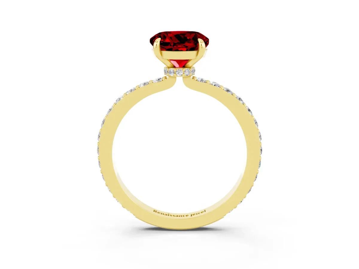 Round Cut Ruby Solitaire Engagement Ring with Pavé Band and Four-Prong Setting Yellow gold
