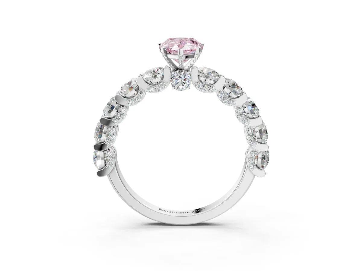Fancy Pink Pear Cut Diamond Side Stone Engagement Ring with Four-Prong Setting White gold