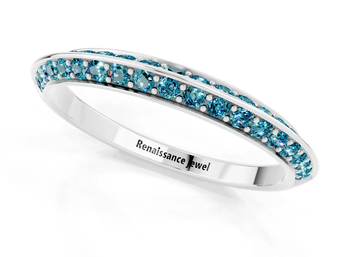 Double Row Pavé Round Blue Topaz Eternity Band with Channel Setting Platinum