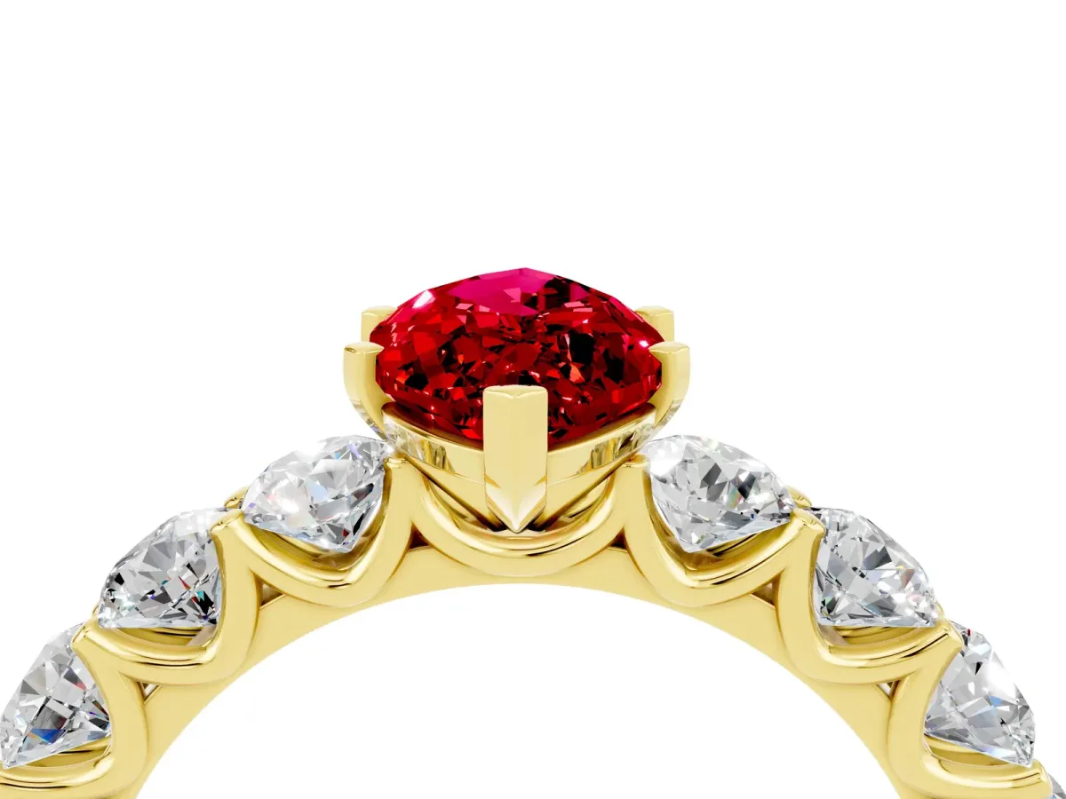 Marquise Cut Ruby Prong Setting with Side Stones on a Pave Band Yellow gold