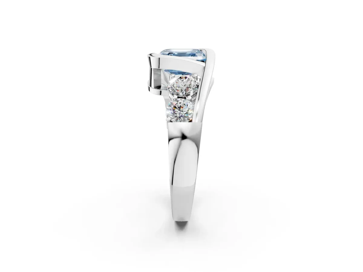 Fancy Blue Bezel Set Asscher Cut Diamond Bypass Ring with Round Accents Platinum