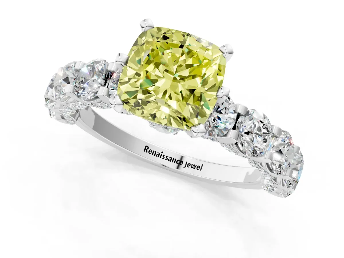 Fancy Yellow Cushion Cut Diamond Side Stone Engagement Ring with Four-Prong Setting Silver