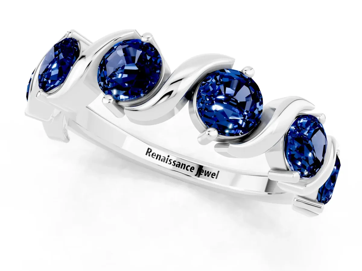 Six-Stone Round Blue Sapphire Wave Band with Shared Prong Setting Silver