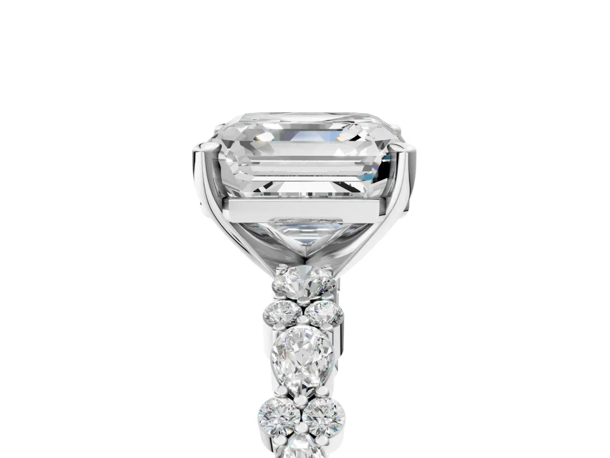 Asscher Cut Diamond Side Stone Solitaire Ring with Round and Four-Prong Setting Platinum