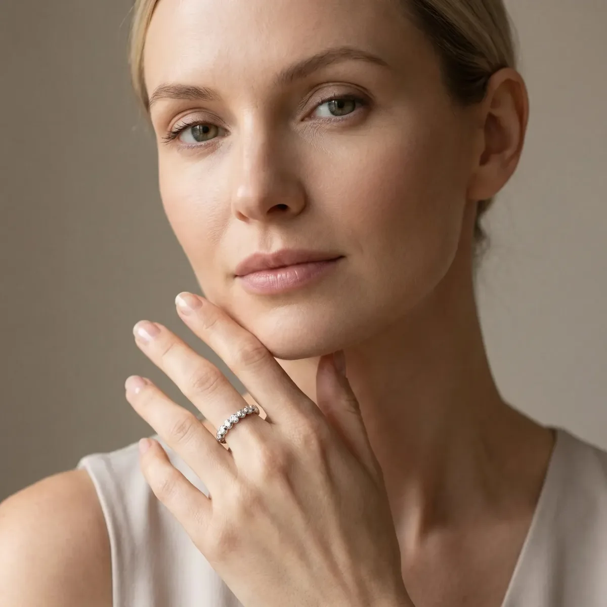 Beaded Round Stone Eternity Band with Bezel Setting White gold
