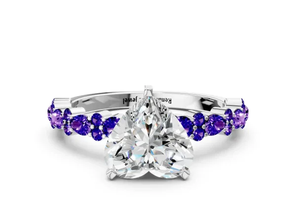 Heart Cut Diamond Side Stone Solitaire Ring with Round Tanzanite and Four-Prong Setting Platinum