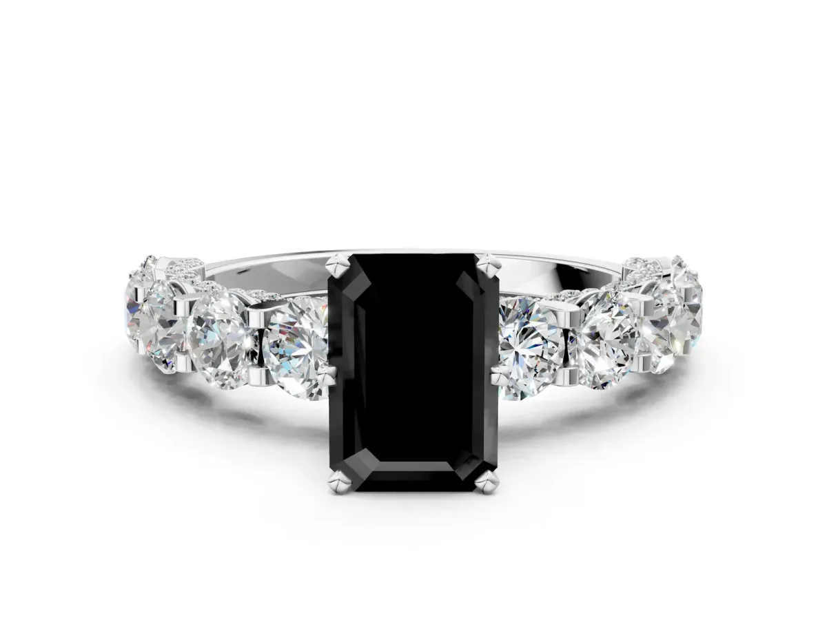 Fancy Black Emerald Cut Diamond Side Stone Engagement Ring with Four-Prong Setting White gold