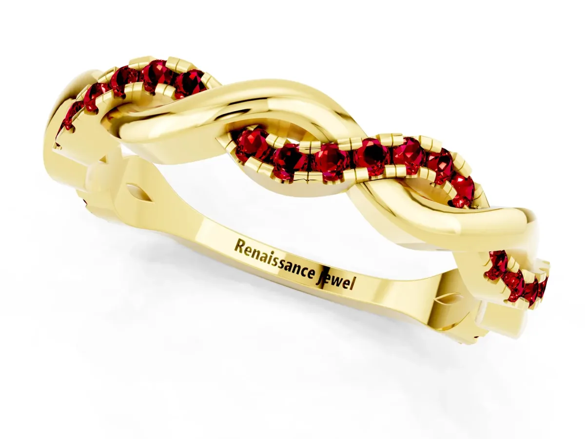 Round Ruby Twist Eternity Band with Pavé Setting Yellow gold