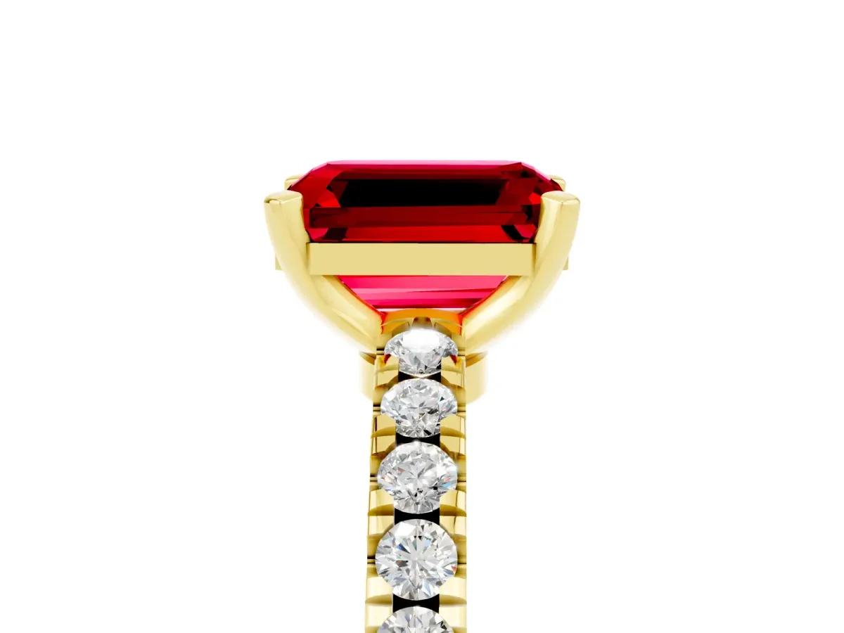 Emerald Cut Solitaire Ruby with Pavé Band and Four-Prong Setting Yellow gold