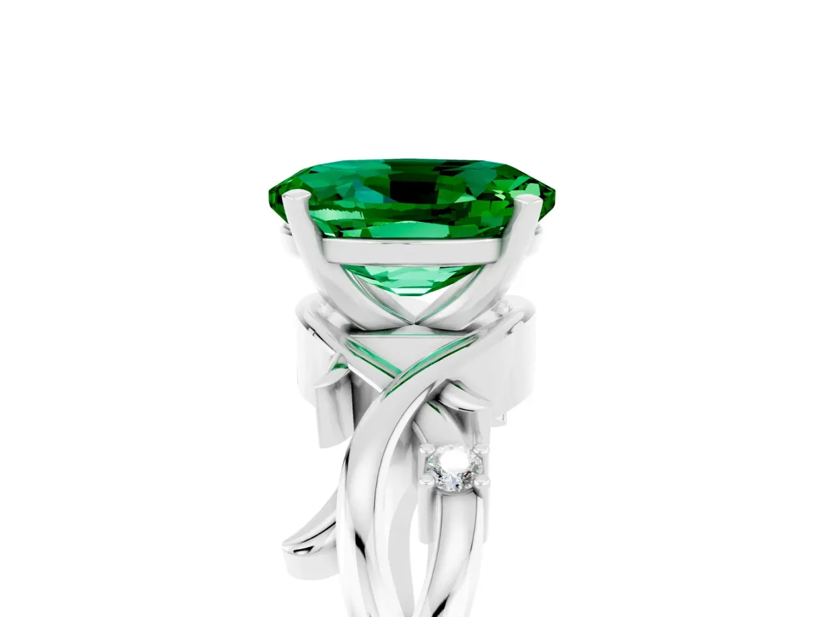 Oval Cut Emerald Solitaire Ring with Twisted Band and Prong Setting Silver