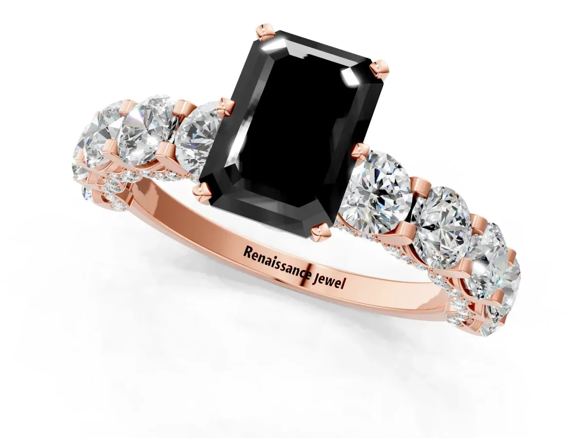 Fancy Black Emerald Cut Diamond Side Stone Engagement Ring with Four-Prong Setting Rose gold