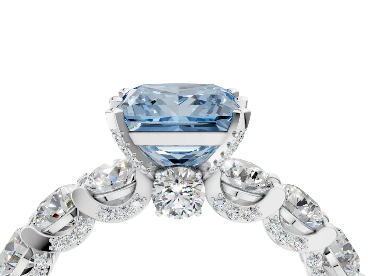 Fancy Blue Princess Cut Diamond Side Stone Engagement Ring with Four-Prong Setting White gold