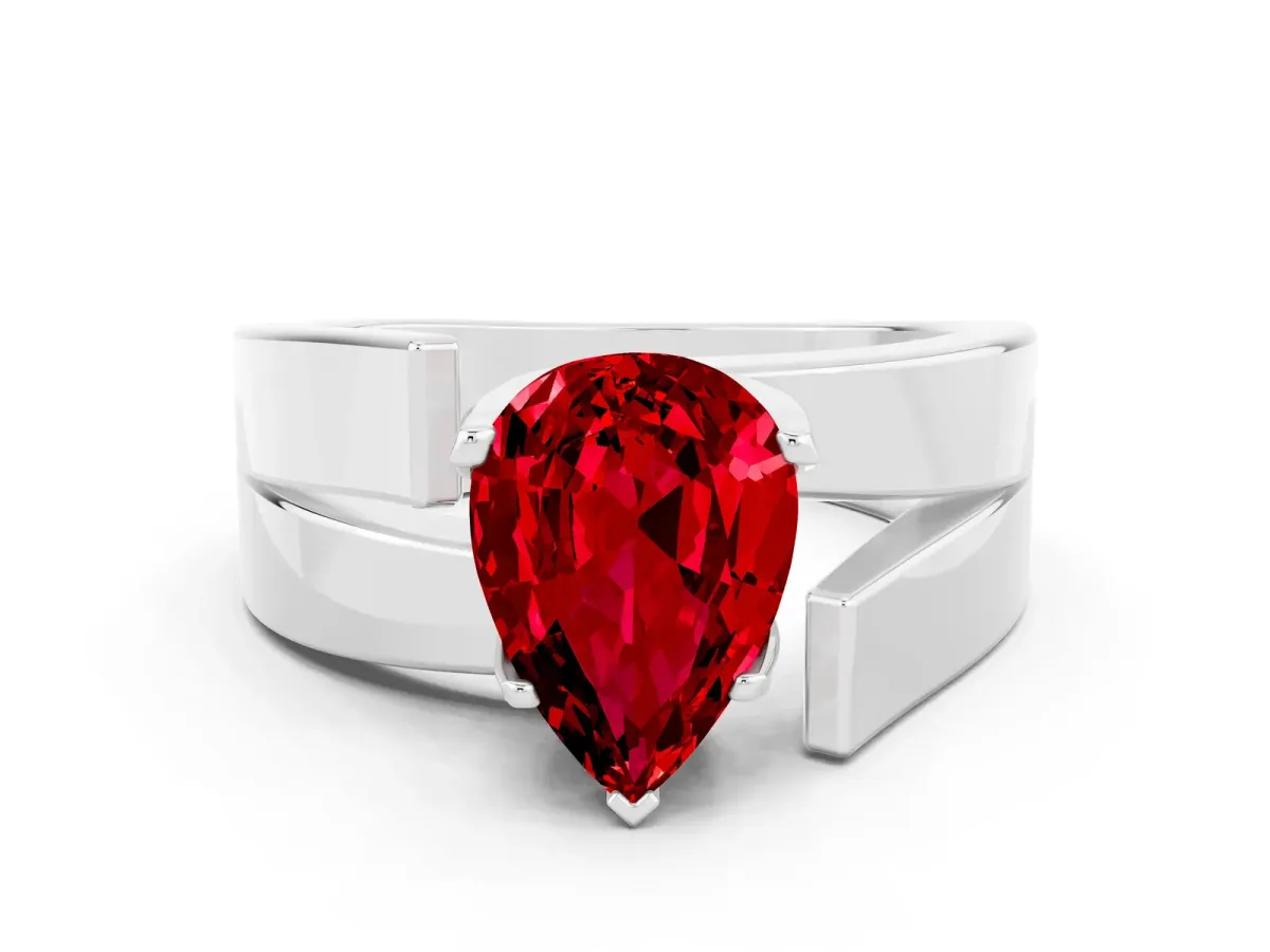Modern Tension Set Pear Cut Ruby Solitaire Wide Band Ring White gold