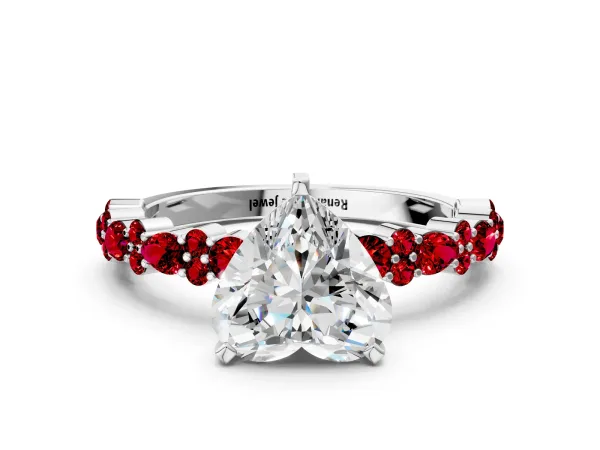 Heart Cut Diamond Side Stone Solitaire Ring with Round Ruby and Four-Prong Setting Platinum