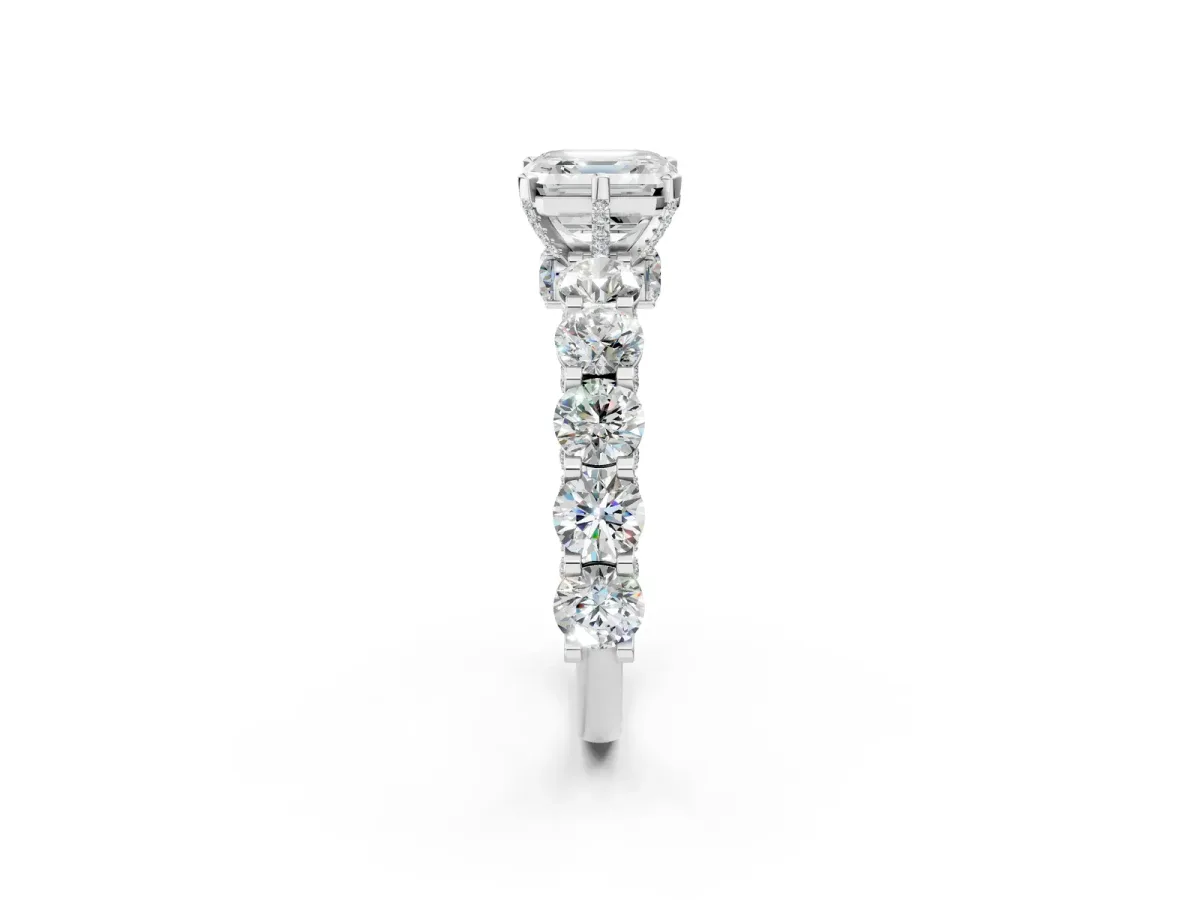 Asscher Cut Diamond Side Stone Engagement Ring with Four-Prong Setting White gold