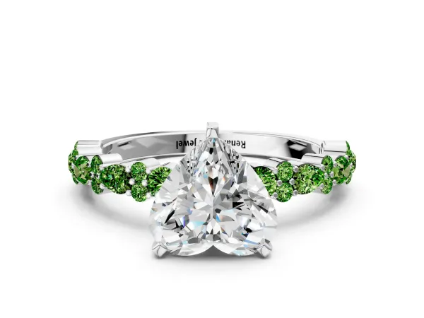 Heart Cut Diamond Side Stone Solitaire Ring with Round Peridot and Four-Prong Setting Platinum