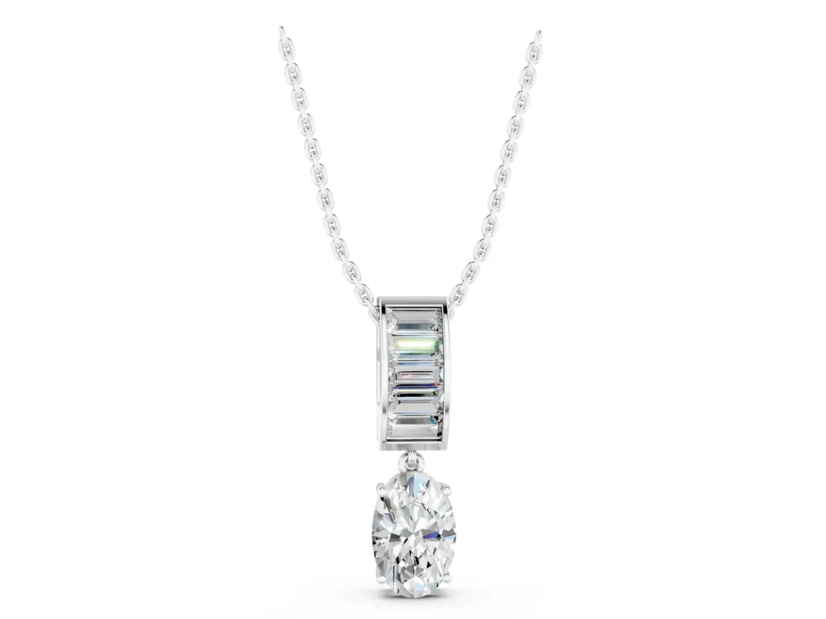 Oval and Baguette Diamond Drop Pendant Silver
