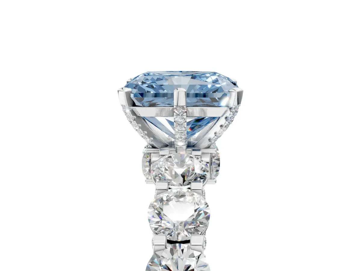 Fancy Blue Radiant Cut Diamond Side Stone Engagement Ring with Four-Prong Setting Platinum
