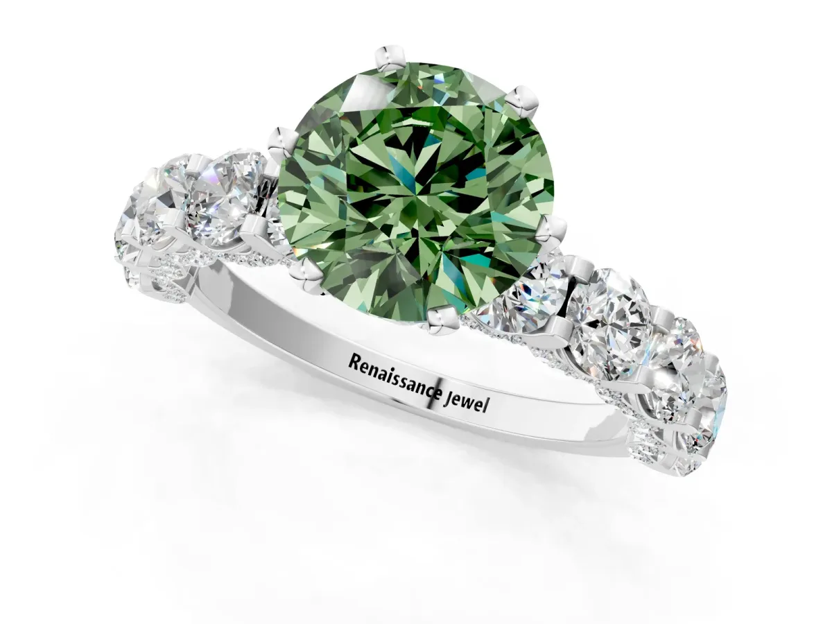 Fancy Green Round Cut Diamond Side Stone Engagement Ring with Four-Prong Setting White gold