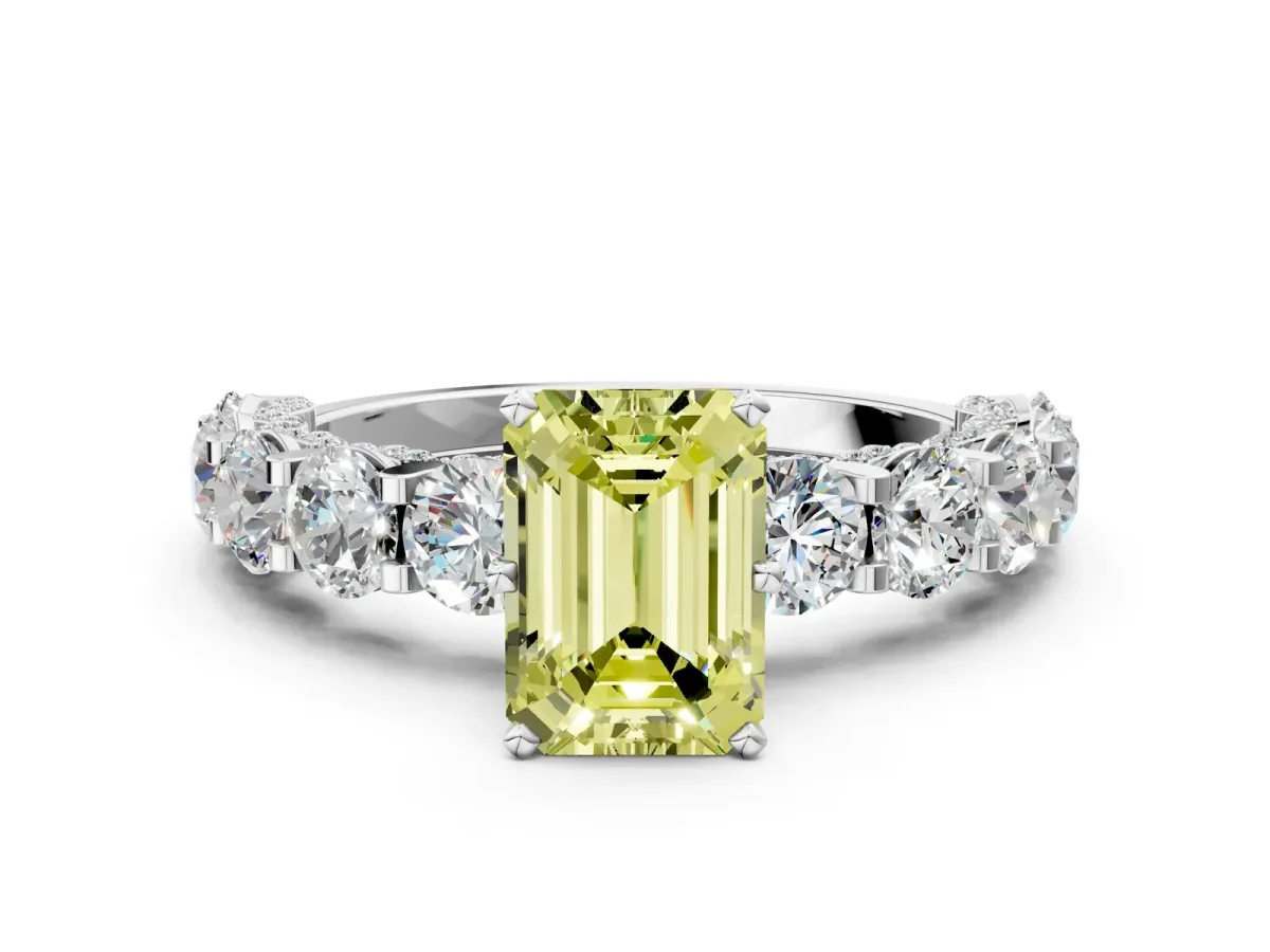 Fancy Yellow Emerald Cut Diamond Side Stone Engagement Ring with Four-Prong Setting White gold