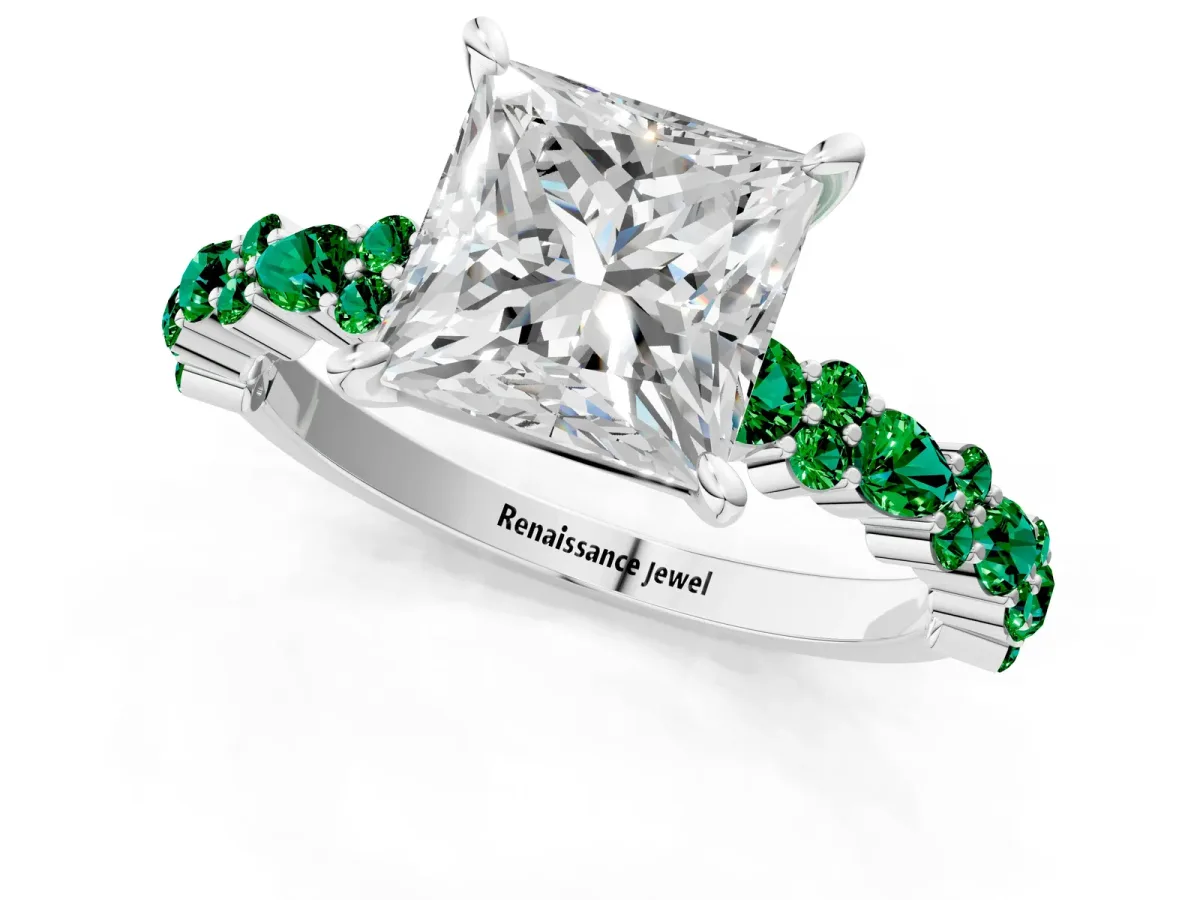 Princess Cut Diamond Side Stone Solitaire Ring with Round Emerald and Four-Prong Setting Platinum