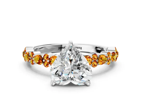 Heart Cut Diamond Side Stone Solitaire Ring with Round Citrine and Four-Prong Setting Platinum