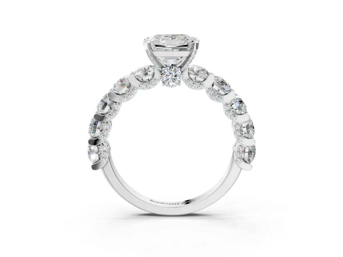 Princess Cut Diamond Side Stone Engagement Ring with Four-Prong Setting White gold