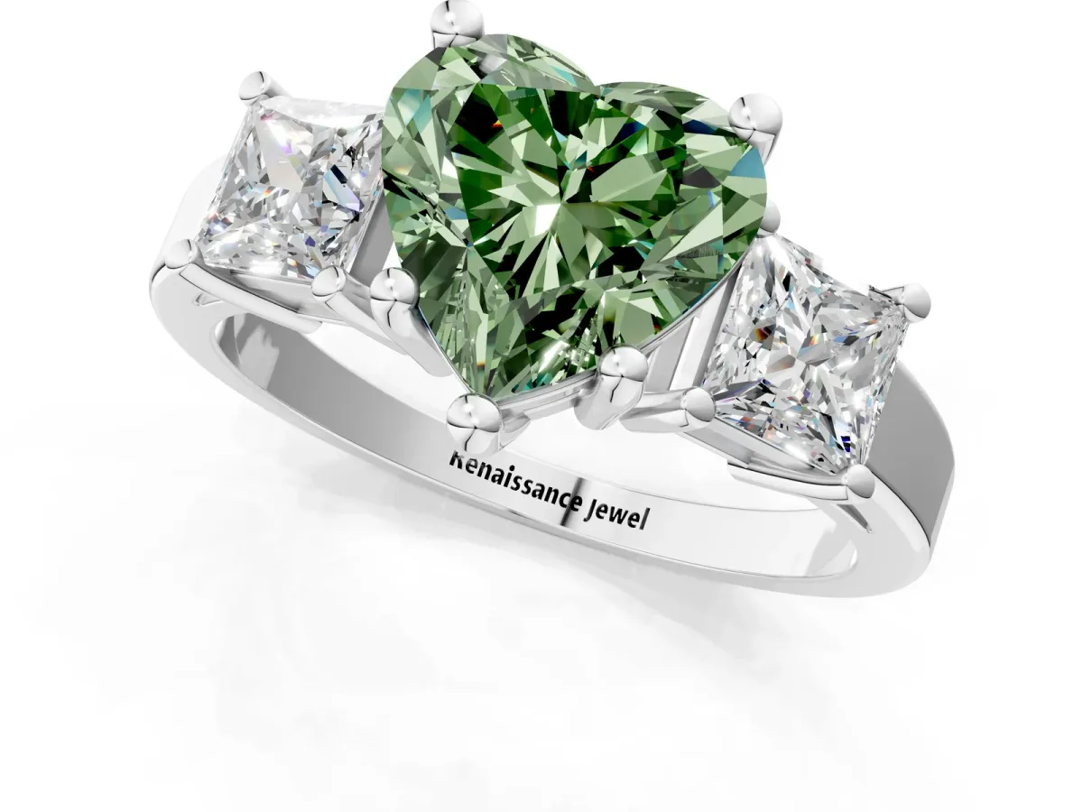 Fancy Green Three-Stone Heart Cut Cut Solitaire Ring with Prong Setting Platinum