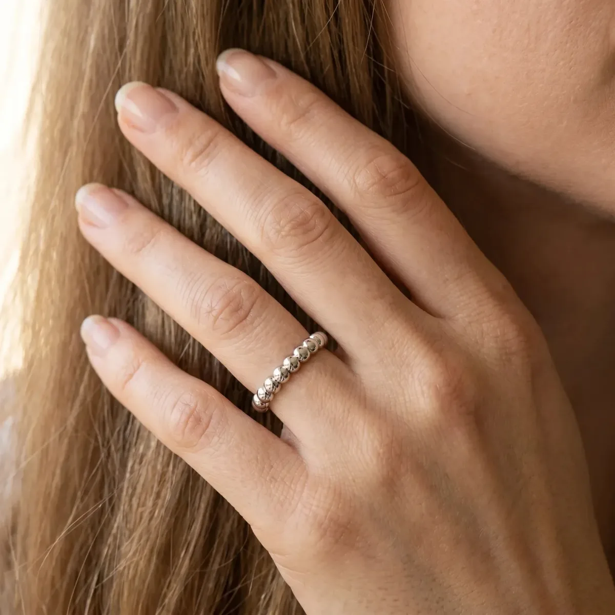 Beaded Round Stone Eternity Band with Bezel Setting White gold