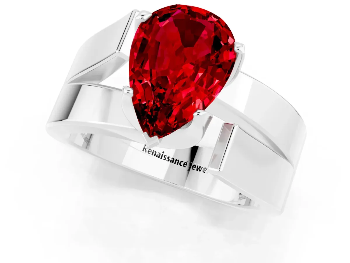 Modern Tension Set Pear Cut Ruby Solitaire Wide Band Ring White gold